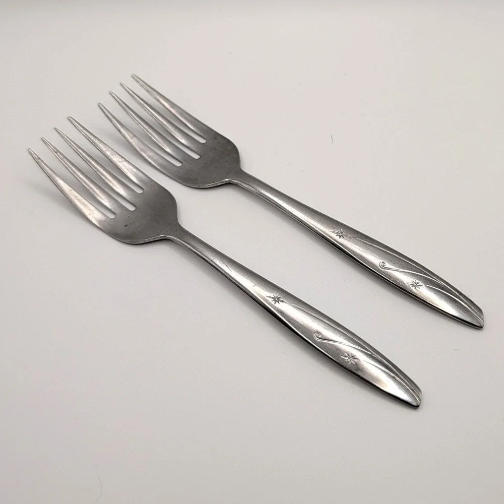 Vintage Japan Stainless Salad Forks Atomic Starburst Scroll MCM 6